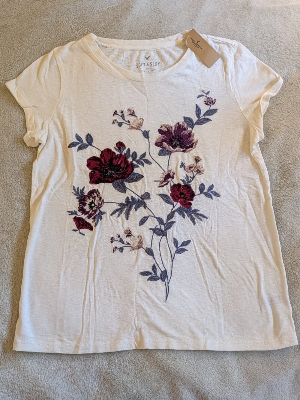 NEW AMERICAN EAGLE WOMEN'S T SHIRT Soft & Sexy S P Small Tee Embroidered Flowers